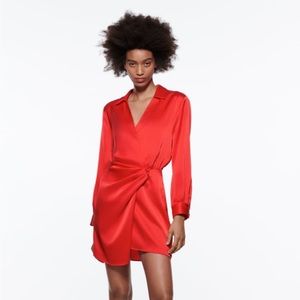 Red Satin Effect Wrap Dress - ZARA